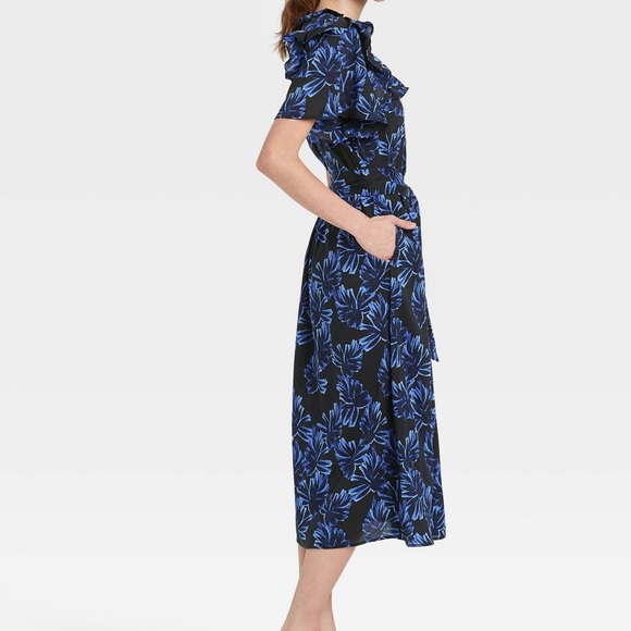 NWT ~ Who What Wear ~ MIDI Ruffled Shirt Dress ~ Floral Black & Blue ~ Small - Picture 2 of 13